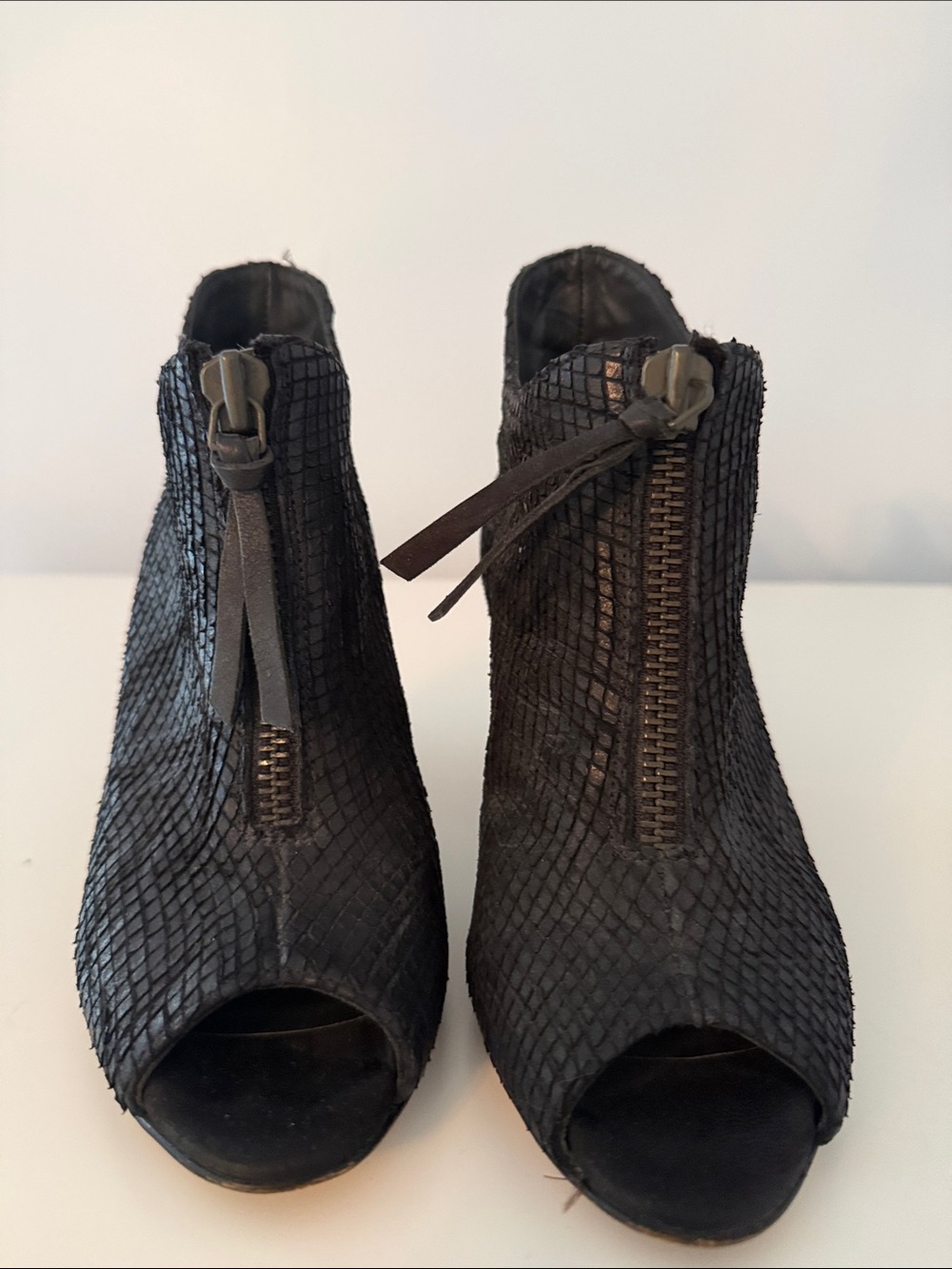 Paul Green Black Textured Peep-Toe Ankle Booties with Front Zips